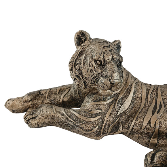 Tiger Resting Sculpture Silver Tone Wild Animal Art Statue Lying Big Cat Decor - Picture 2 of 11